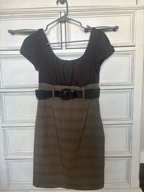 A. Byer Brown Plaid Belted Midi Dress